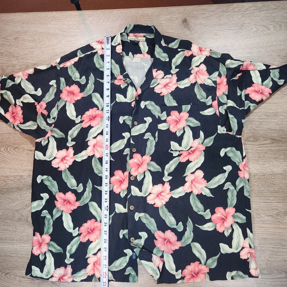 Tommy Bahama Shirt 100% Silk Black Pink Hibiscus XL Fits Like 3XL 4XL 28" PTP - Picture 9 of 9
